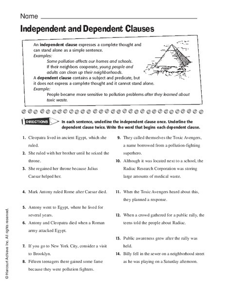 Independent & Dependent Clauses Worksheet Answers