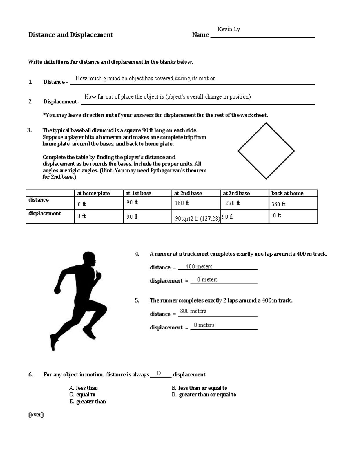 Answer Key Physics Distance And Displacement Worksheet Answers