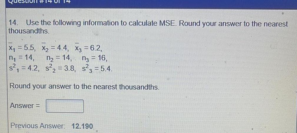 Answered 14 Use The Following Information To Calculate Mse Round Your Kunduz