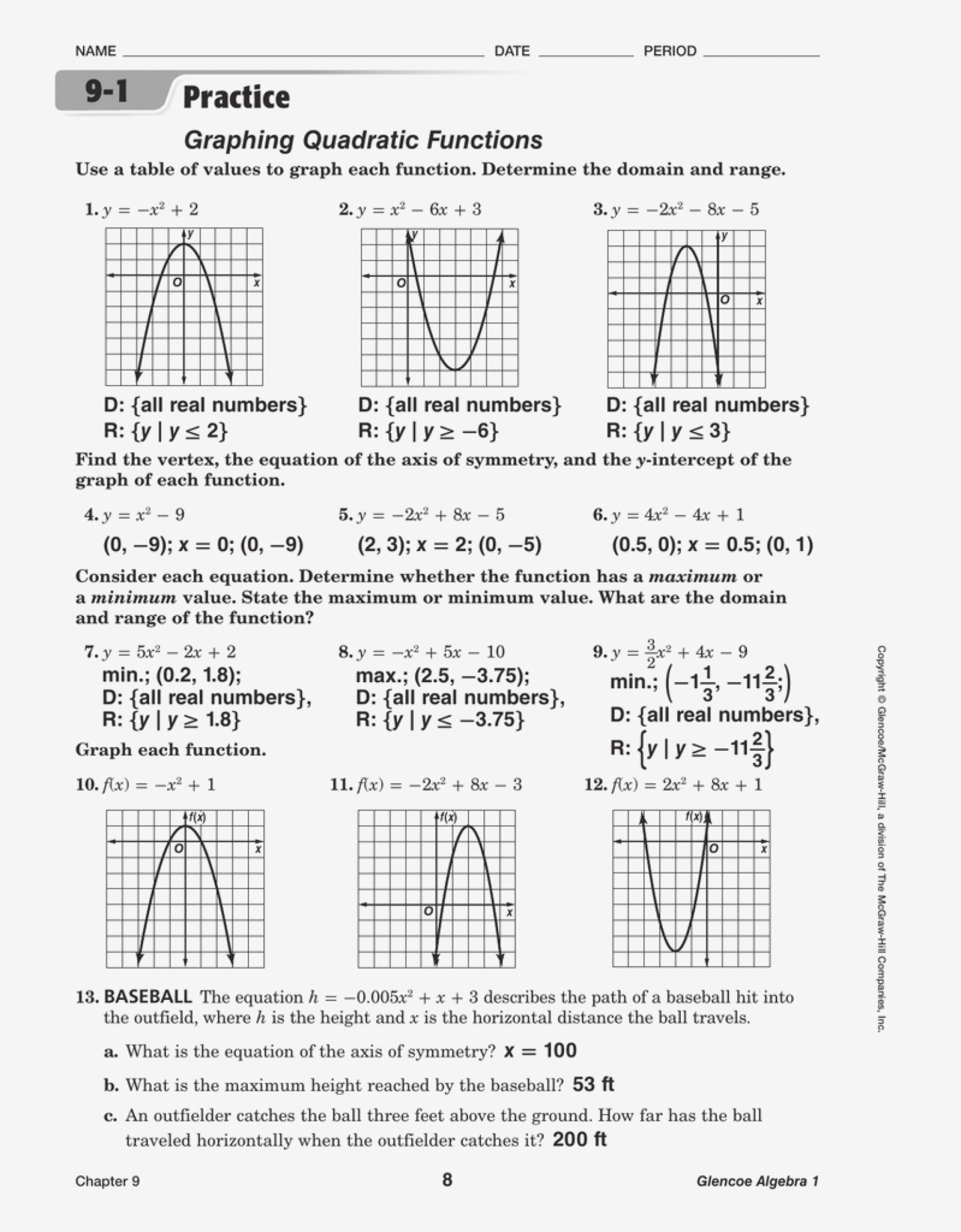 Application Of Quadratic Functions Worksheet With Answers