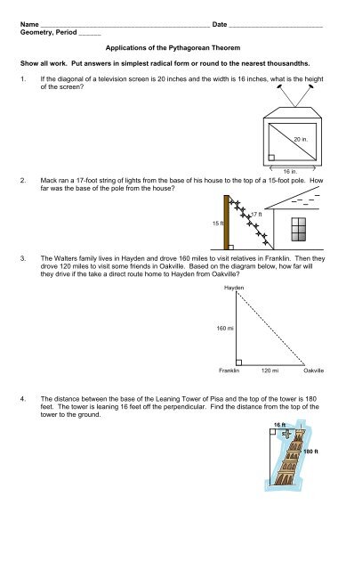 Applications Of The Pythagorean Theorem Worksheet Answers Preschool