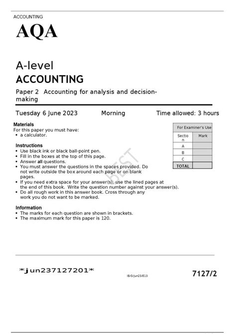 Aqa A Level Accounting Paper 2 Accounting For Analysis And Decision Making 6 June 2023 Question