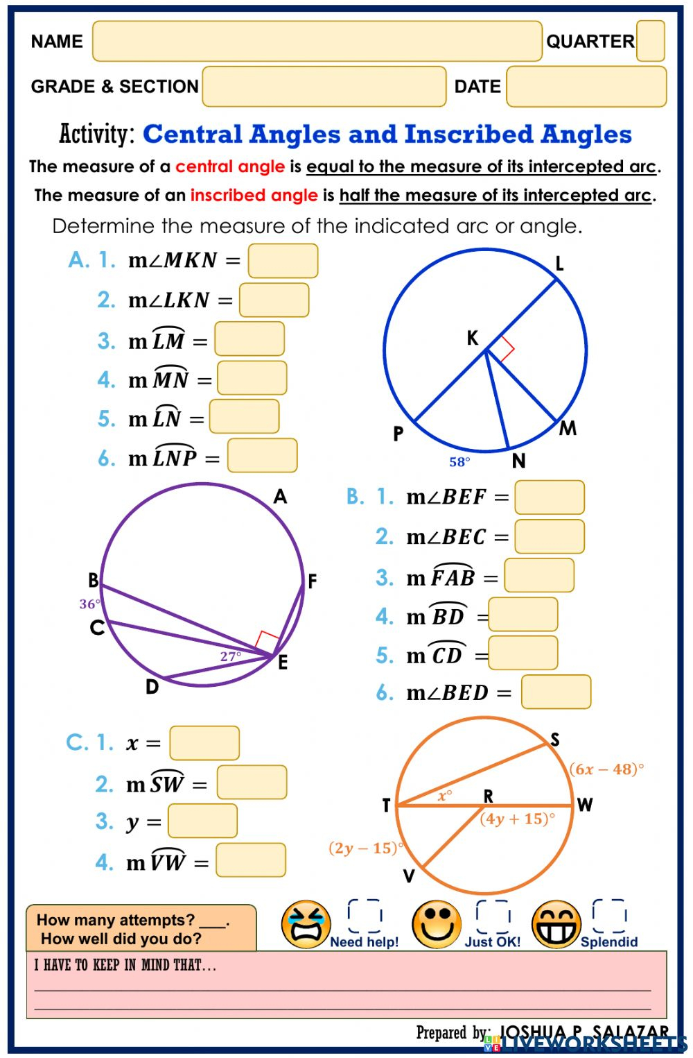 Arcs Central Angles And Inscribed Angles Worksheet