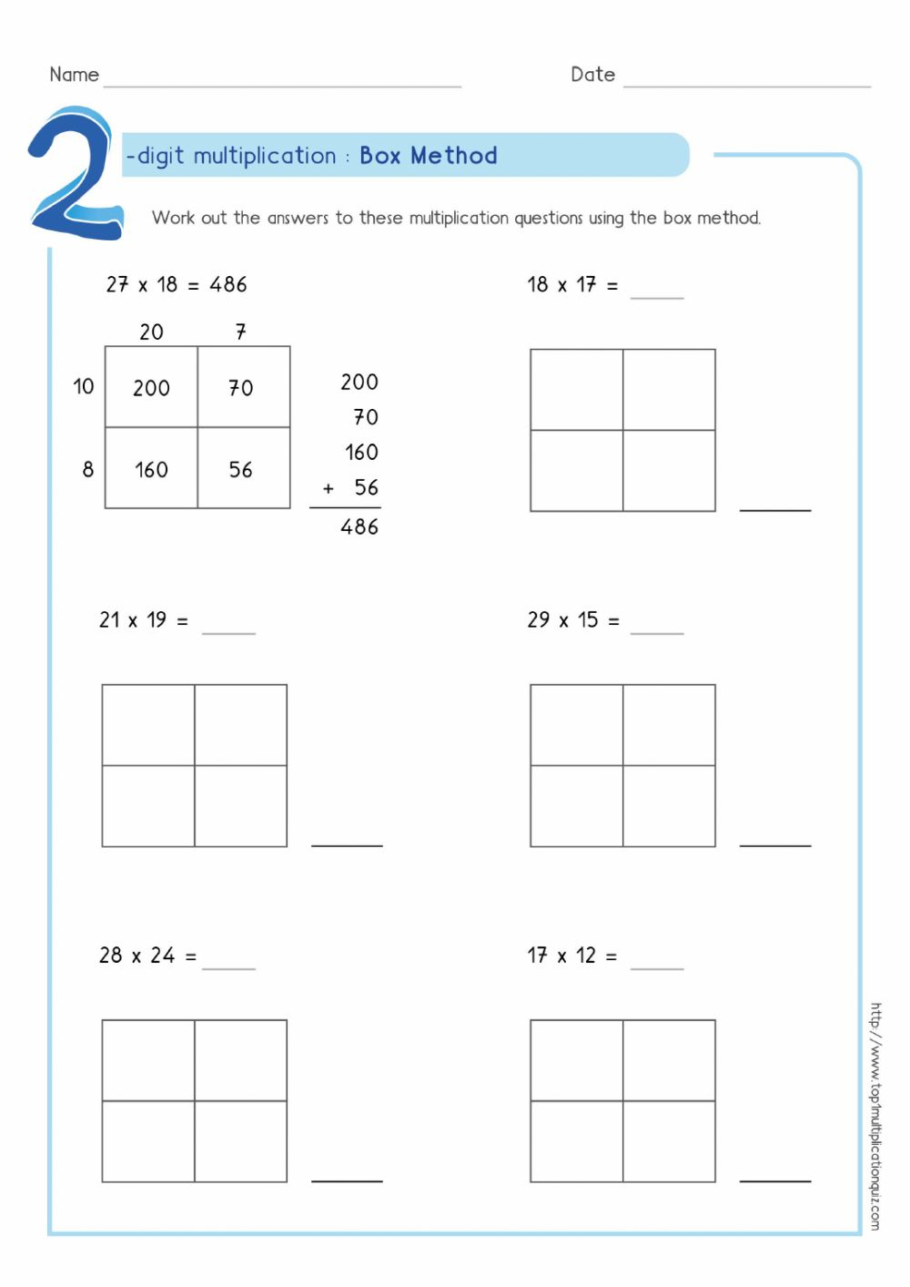 Area Model And Partial Product Multiplication Worksheet 2 3 Digit By