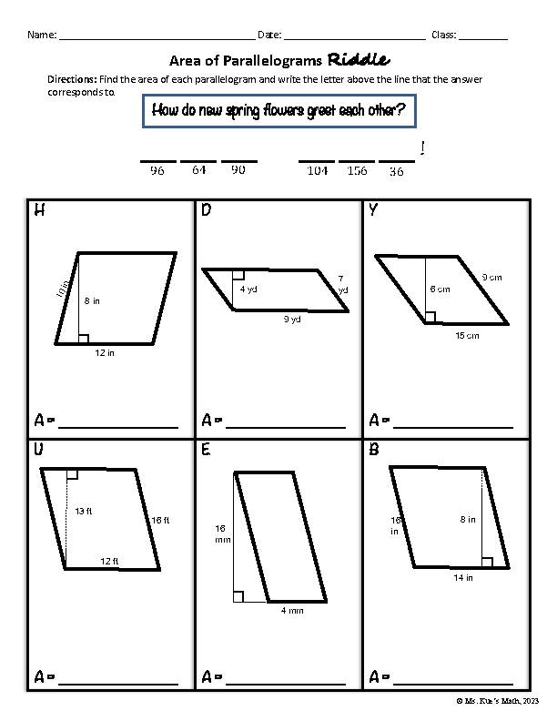 Area Of A Parallelogram Worksheets By Mathvine Teachers Pay Teachers