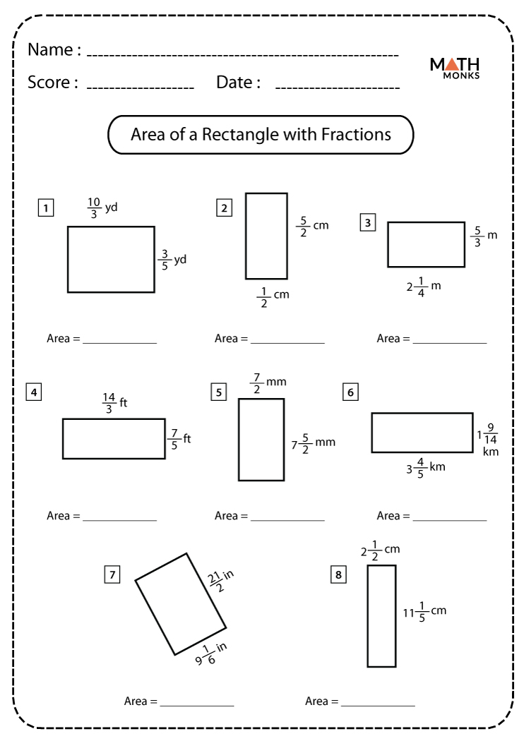 Area Of A Rectangle Fraction Word Problems Worksheet 5Th Grade Math