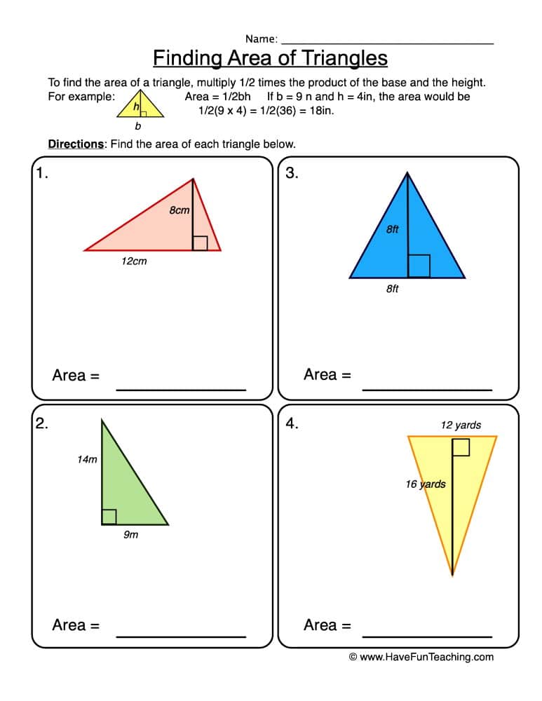 Area Of A Triangle Worksheets