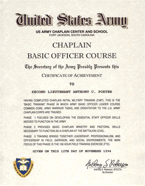 Army Chaplain Training Certificate