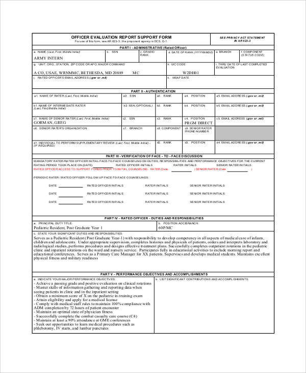 Army Oer Support Form Examples Army Military