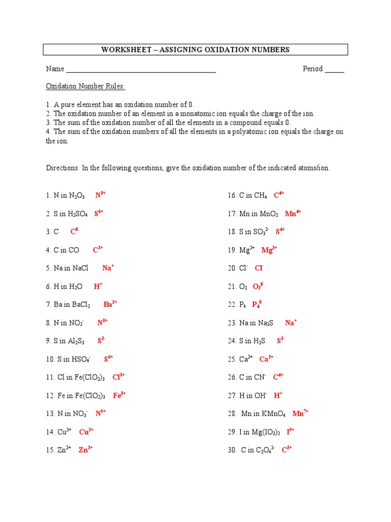 Assigning Oxidation Number Practice Worksheet