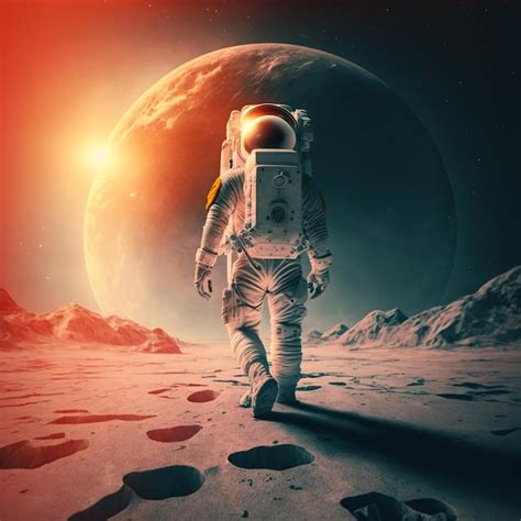 Astronaut Exploring Moon With Mountains And Sun Created Using Generative Ai Technology Premium