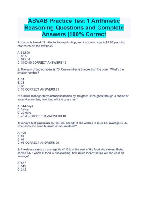 Asvab Arithmetic Reasoning Questions And Answers | Rated 100% - Asvab  Arithmetic Reasoning - Stuvia Us