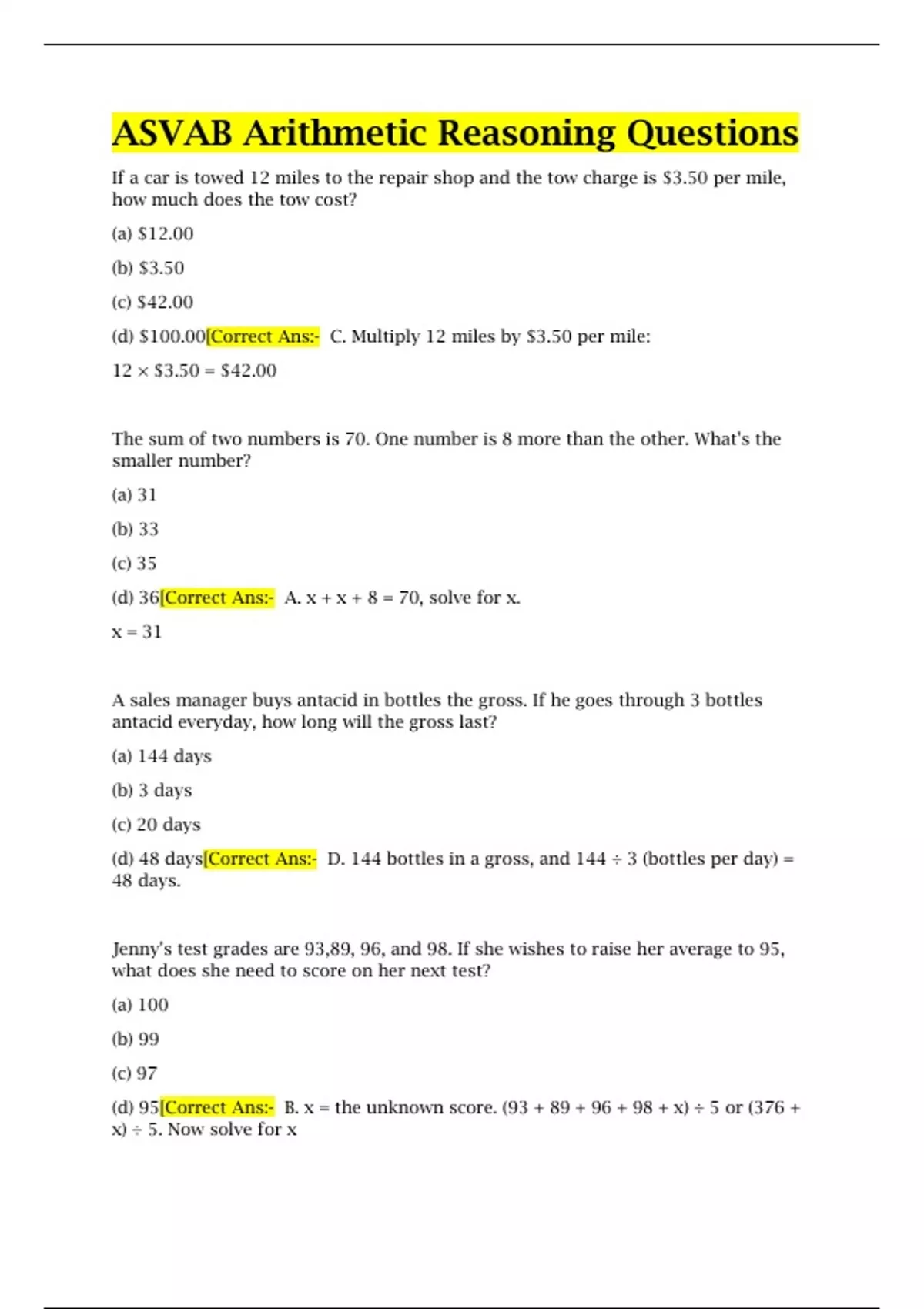 Asvab Arithmetic Reasoning Questions With 100% Correct (Multiple Choice) - Asvab Arithmetic ...