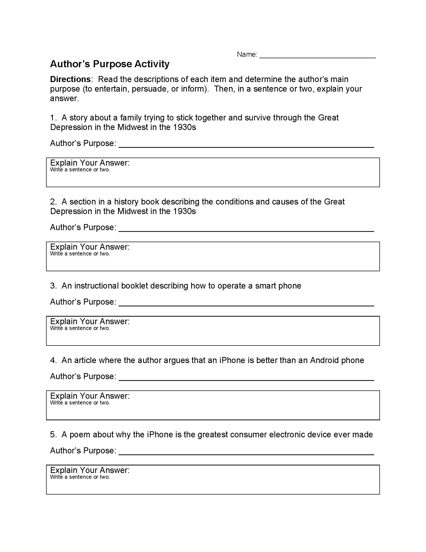 Author S Purpose Worksheet 5 Reading Activity