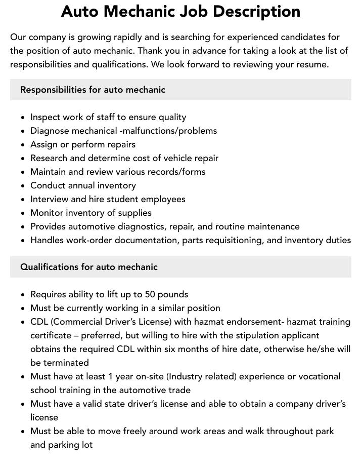 Auto Mechanic Job Description Velvet Jobs