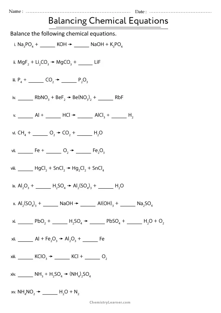 Balancing Chemical Equations Worksheet Grade 10 Db Excel Com