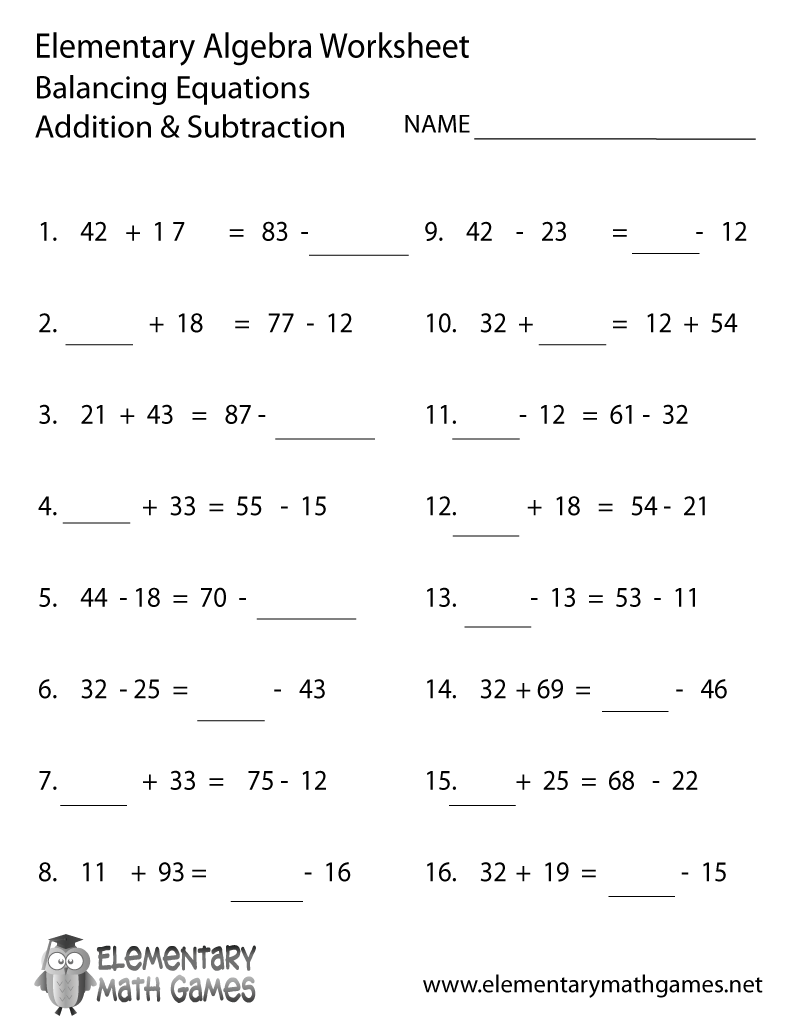 Balancing Equations Elementary Algebra Worksheet Printable