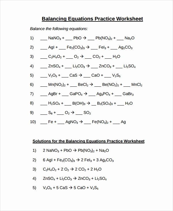 Balancing Equations Practice Problems: Solved Worksheet