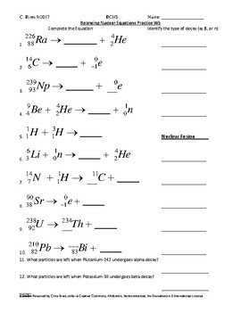 Balancing Nuclear Equations Practice Worksheet Editable Google Key