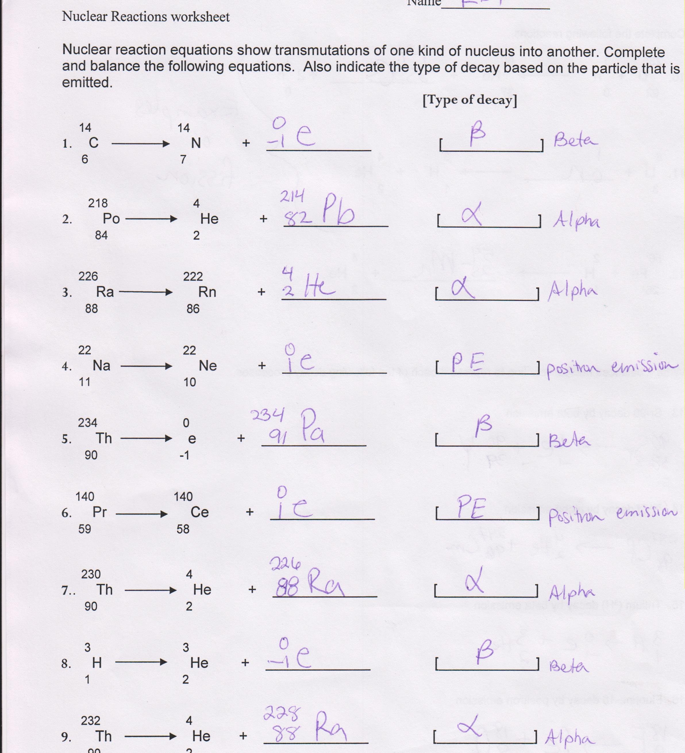 Balancing Nuclear Reactions Worksheets Answer Key