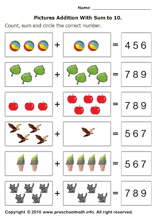 Basic Addition Worksheets Sums Up To 10