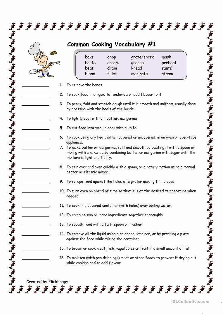 Basic Cooking Terms Worksheet for Beginner Cooks