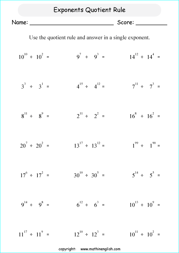 Basic Exponent Rules Worksheet