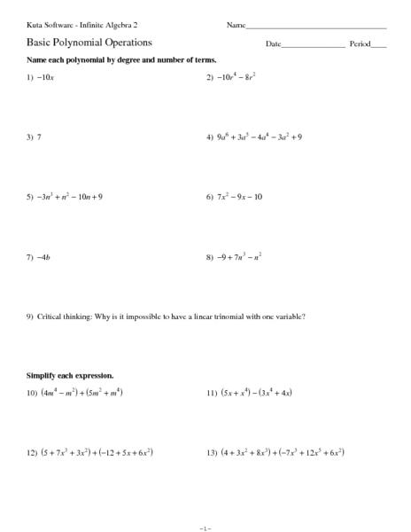 Basic Polynomial Operations Worksheet