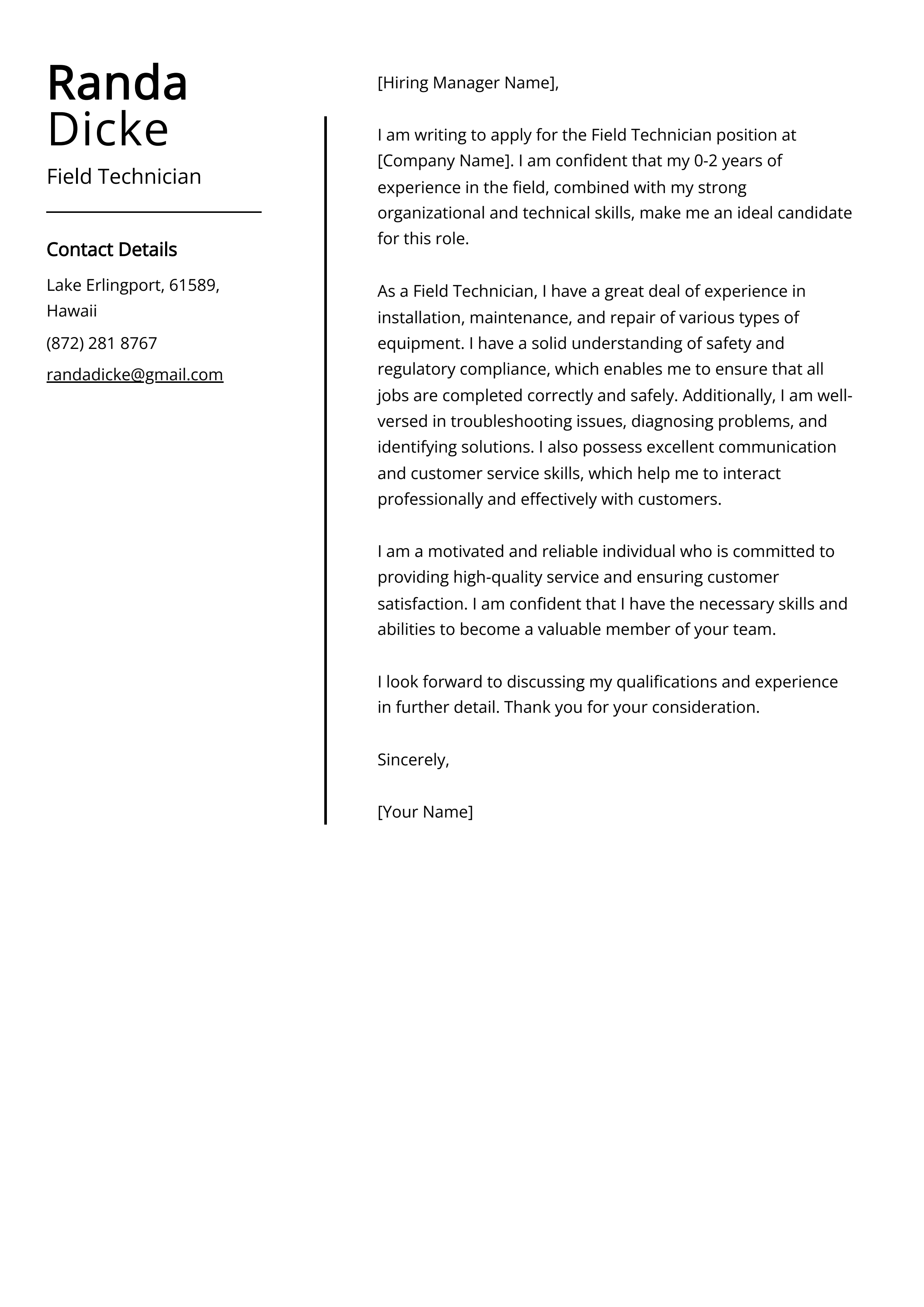 Best Field Technician Cover Letter Examples Livecareer