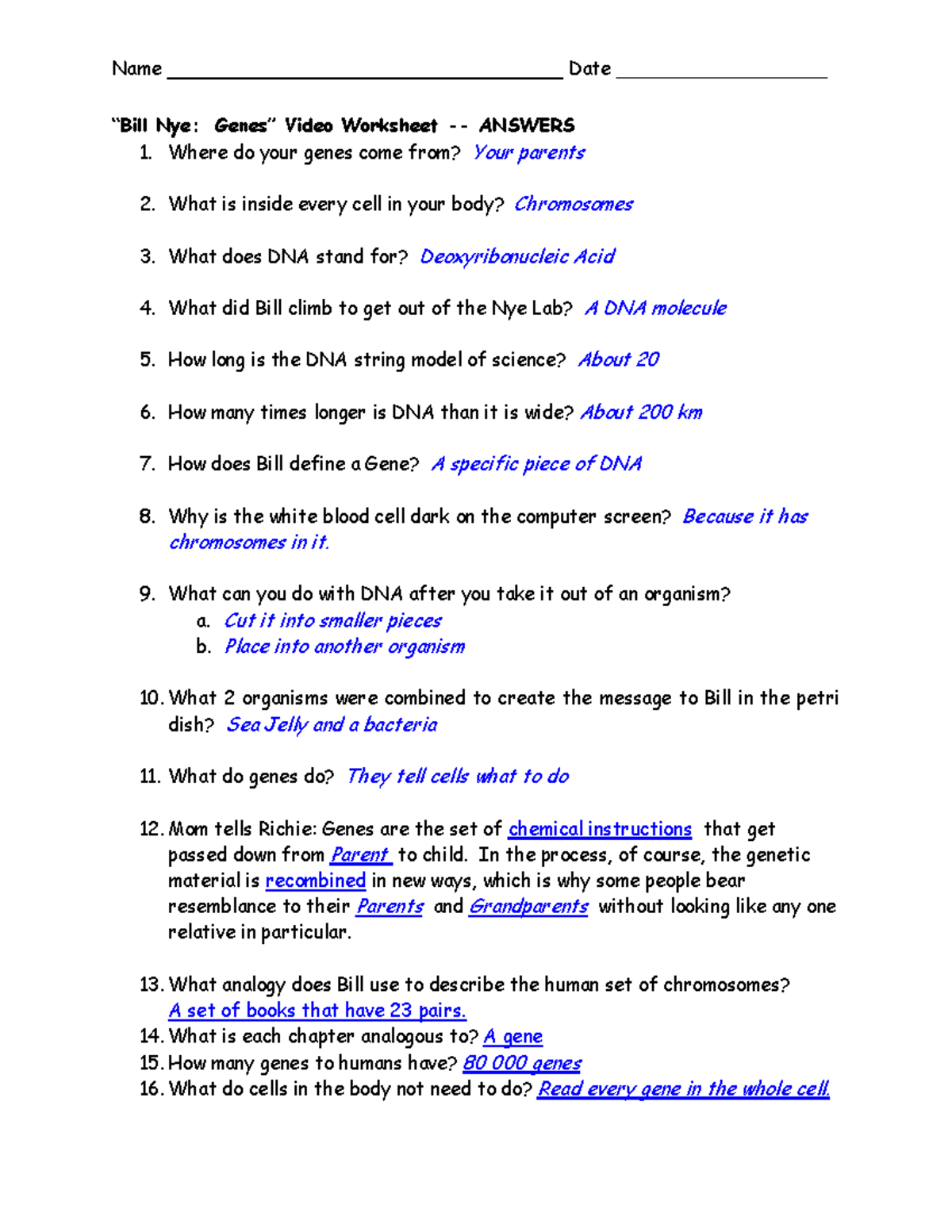 Bill Nye Genes Video 3Rd 7Th Grade Worksheet Lesson Planet