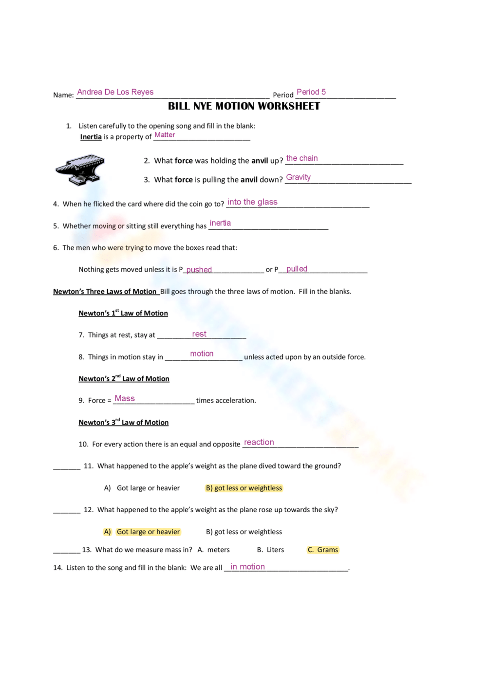 Bill Nye Matter Video Worksheet