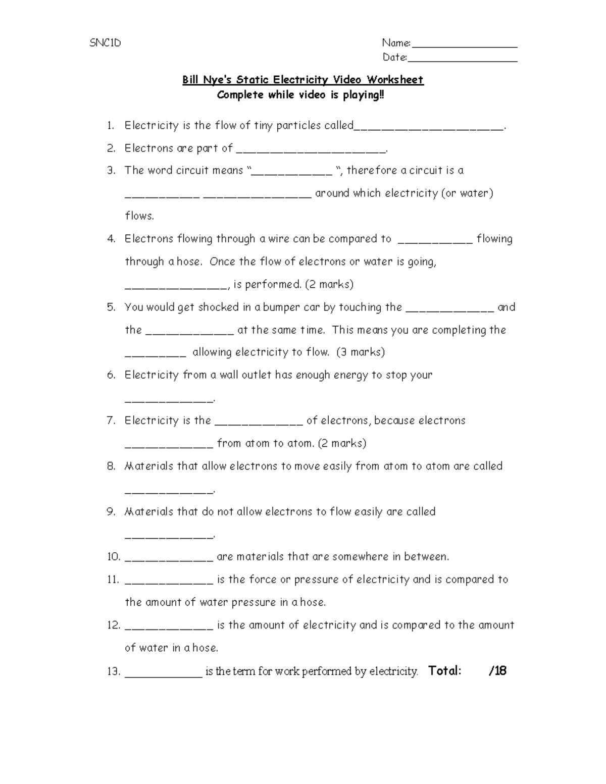 Bill Nye S Static Electricity Video Worksheet