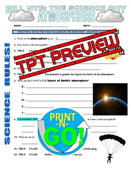 Bill Nye The Science Guy Atmosphere Weather Video Worksheet Sub Plans