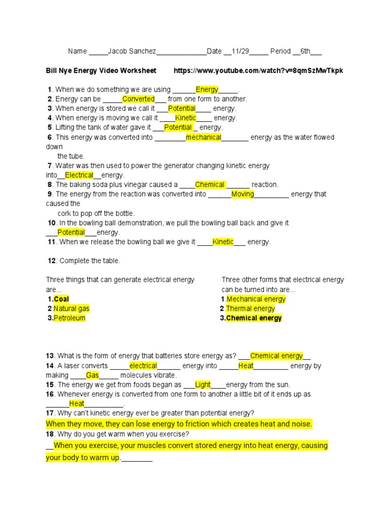 Bill Nye The Science Guy Energy Worksheet Answers Together With