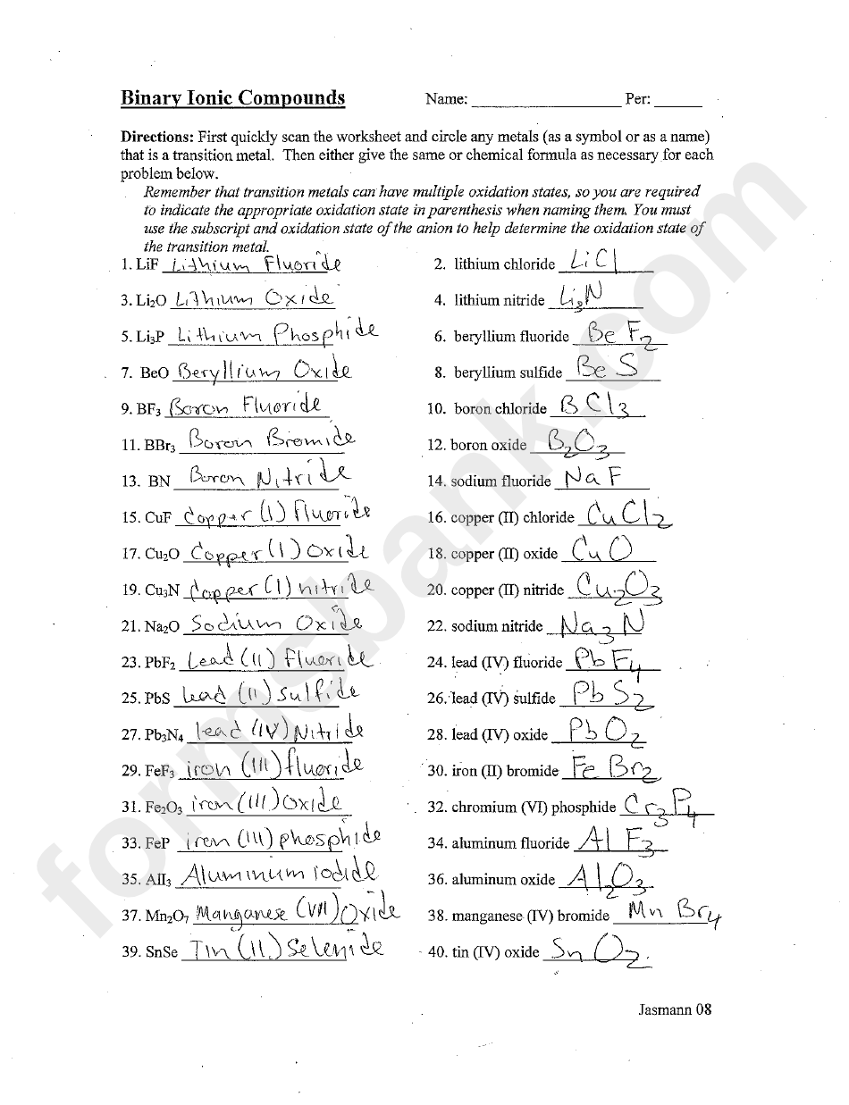 Binary Ionic Compounds Worksheet Answers Pdf Compoundworksheets Com