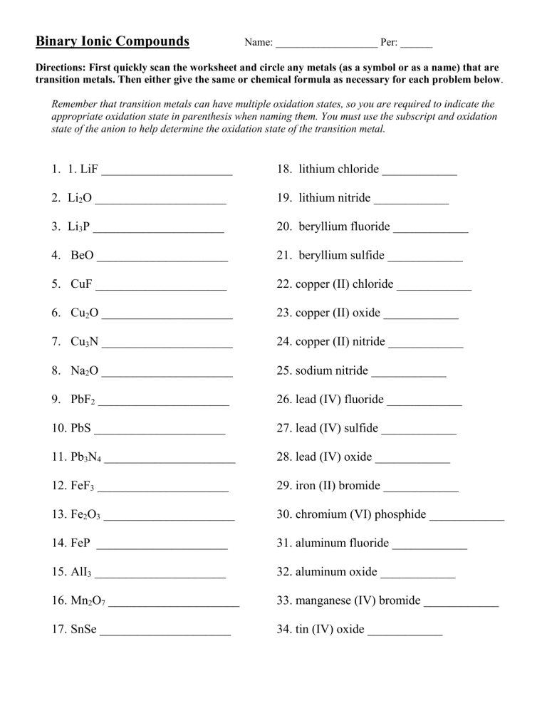 Binary Ionic Compounds Ws And Key