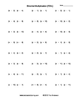 Binomial Multiplication Foil Practice Sheets By Mental Math Worksheets