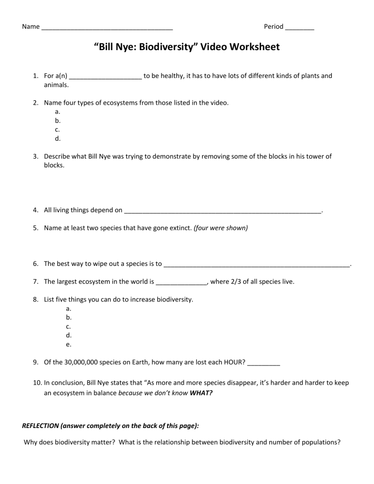 Biodiversity Bill Nye The Science Guy Worksheet Sub Plans Tpt