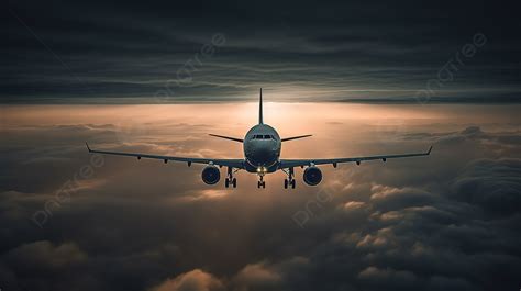 Black And White Airplane Flying Over Clouds At Sunset Background Airplane Pictures Airplane