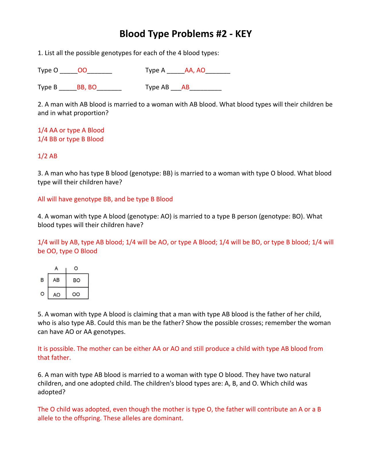 Blood Type Worksheet Answer Key