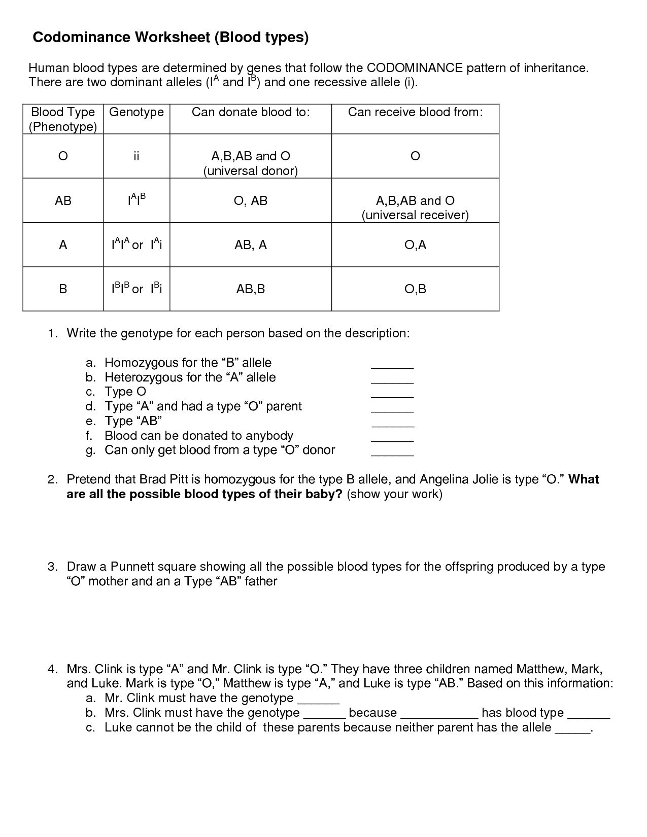 Blood Types Multiple Alleles And Codominance Worksheet Answers