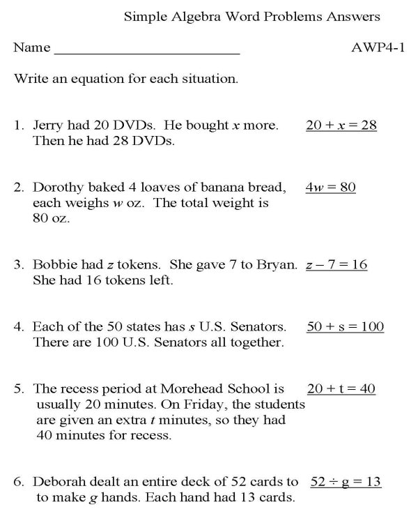 Bluebonkers Algebra Word Problems P1 Solution Free Printable