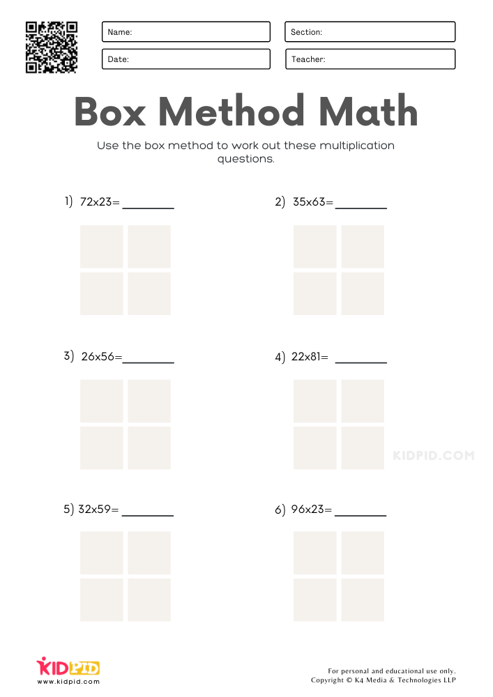 Box Method Multiplication Worksheets Pdf Printable Worksheets