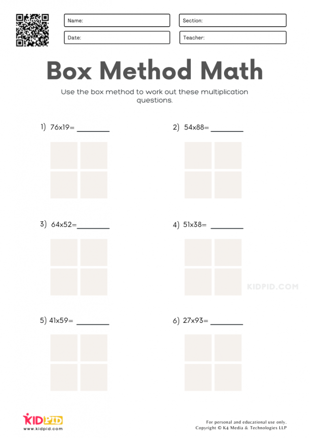 Free Printable Box Method Multiplication Worksheets for Kids