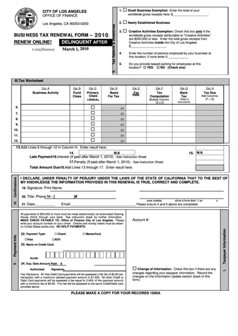 Business Tax Renewal Form California Office Of Finance 2010 Printable Pdf Download