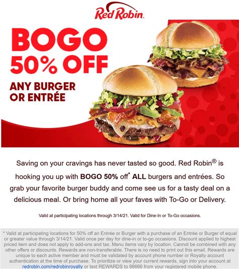 Buy One Get One 50% Off At Red Robin - Printable Coupons