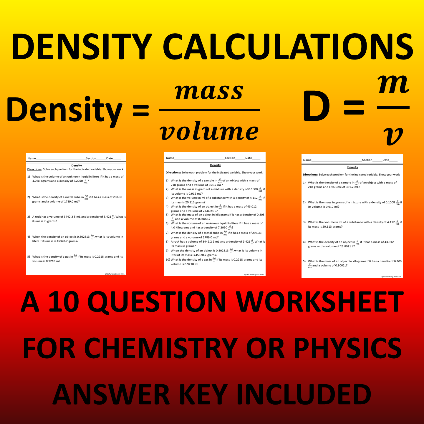 Calculating Density Mass And Volume A Science Worksheet Made By