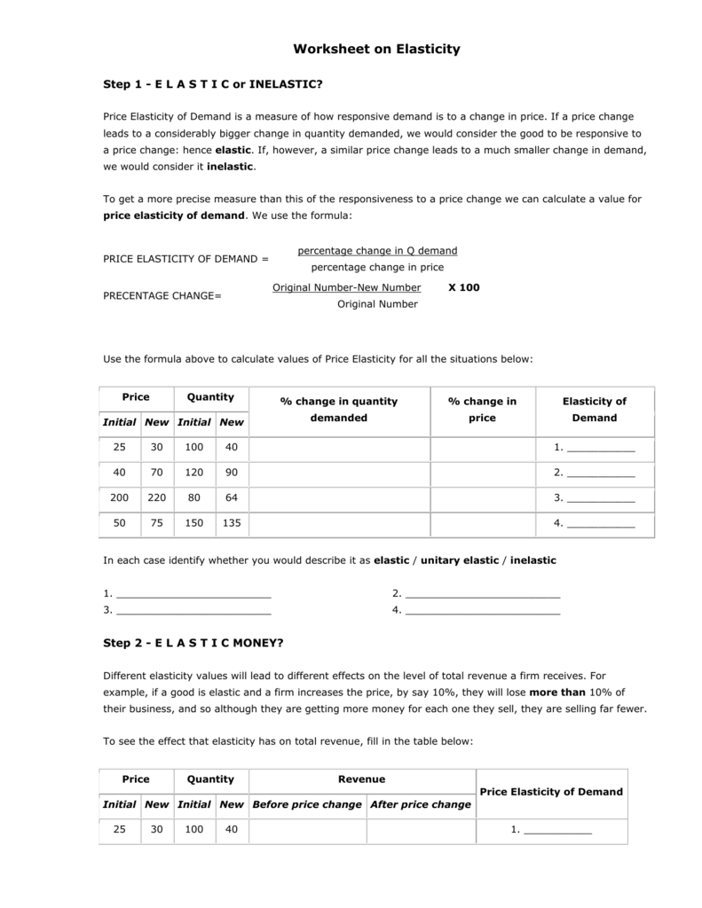 Calculating Elasticity Of Demand Worksheet