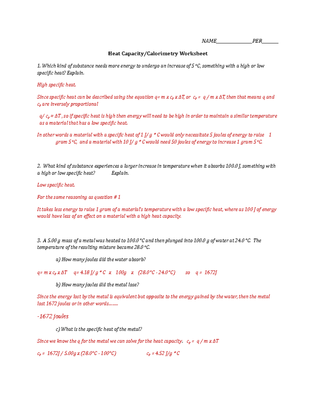 Calorimetry Problems Worksheet Answers Explained