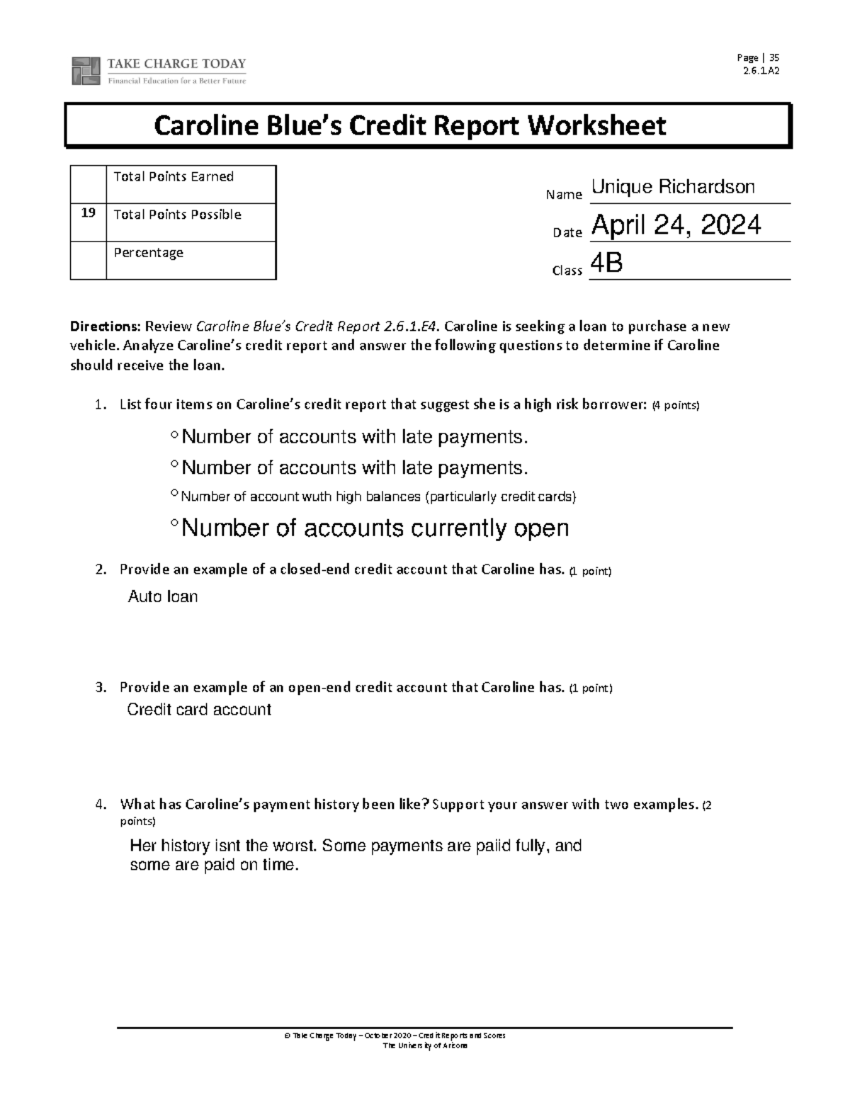 Caroline Blues Credit Report Worksheet Answers Pdf Fill Online